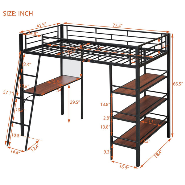 English Elm Twin Loft Metal Bed with Built-In Desk, 3 Open Shelves & Whiteboard, Sturdy Slatted Guardrails, Space-Saving Design Black SF000022AAB