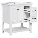 English Elm 30" Bathroom Vanity With Ceramic Sink Top, Vanity Cabinet With Multi-Functional Drawer, Solid Wood Legs, White