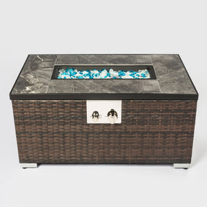English Elm 32" Propane Fire Pit Table 50000 BTU Rectangular Ceramic Tile Top Wicker Base Pulse Ignition Outdoor W85335465