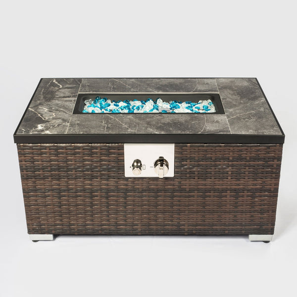 English Elm 32" Propane Fire Pit Table 50000 BTU Rectangular Ceramic Tile Top Wicker Base Pulse Ignition Outdoor W85335465