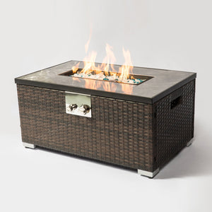 English Elm 32" Propane Fire Pit Table 50000 BTU Rectangular Ceramic Tile Top Wicker Base Pulse Ignition Outdoor W85335465