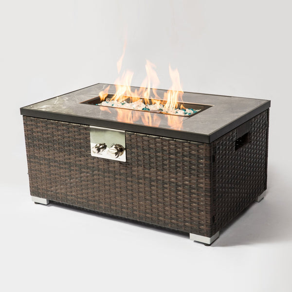 English Elm 32" Propane Fire Pit Table 50000 BTU Rectangular Ceramic Tile Top Wicker Base Pulse Ignition Outdoor W85335465