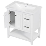 English Elm 30" Bathroom Vanity With Ceramic Sink Top, Vanity Cabinet With Multi-Functional Drawer, Solid Wood Legs, White