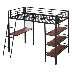 English Elm Twin Loft Metal Bed with Built-In Desk, 3 Open Shelves & Whiteboard, Sturdy Slatted Guardrails, Space-Saving Design Black SF000022AAB