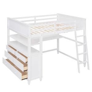 English Elm Full Size Pine Wood Loft Bed with Built-in Desk Shelves and Drawer Storage LT011529AAK