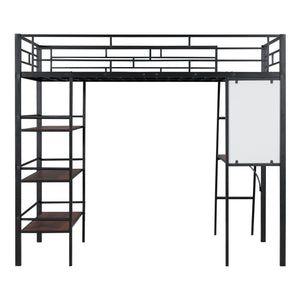 English Elm Twin Loft Metal Bed with Built-In Desk, 3 Open Shelves & Whiteboard, Sturdy Slatted Guardrails, Space-Saving Design Black SF000022AAB