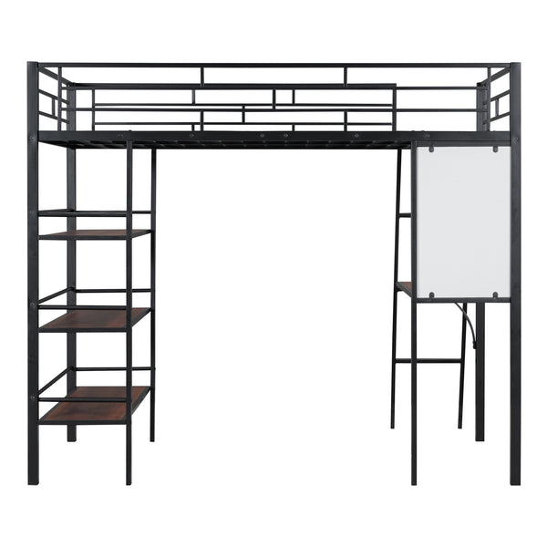 English Elm Twin Loft Metal Bed with Built-In Desk, 3 Open Shelves & Whiteboard, Sturdy Slatted Guardrails, Space-Saving Design Black SF000022AAB