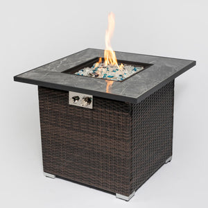English Elm 30" 30" Propane Fire Pit Table 50000BTU Marble Tile Top Rattan Base with Glass Rocks & Cover W85343034
