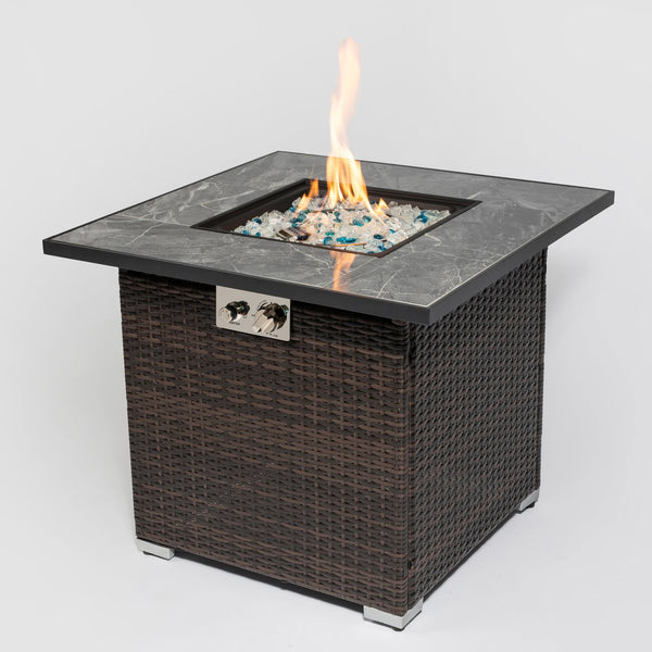 English Elm 30" 30" Propane Fire Pit Table 50000BTU Marble Tile Top Rattan Base with Glass Rocks & Cover W85343034