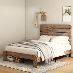 English Elm Bed Frame Full Size Wood Platform with Mdf Headboard Metal Base Under Storage W636P351764