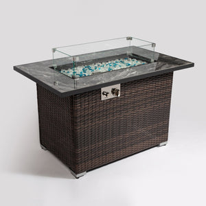 English Elm 44" 44" Propane Fire Pit Table 50000 BTU Rectangular Ceramic Tile Top Wicker Base Glass Rocks Windshield W85343036