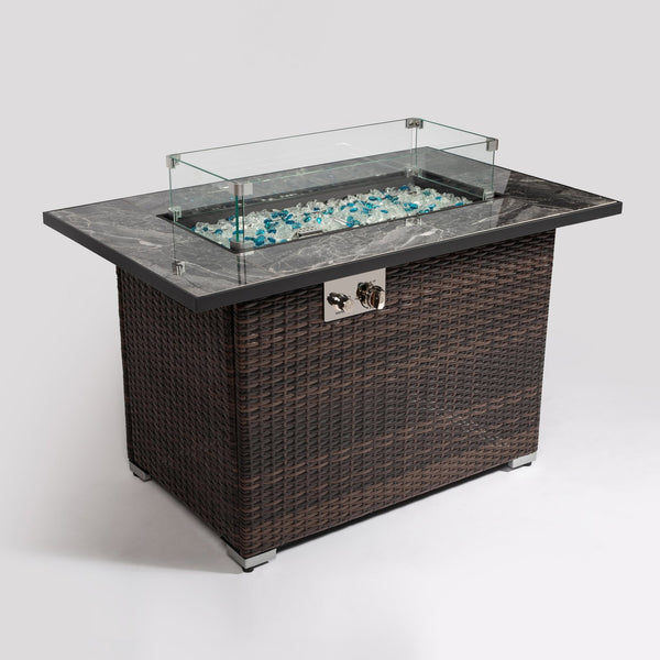 English Elm 44" 44" Propane Fire Pit Table 50000 BTU Rectangular Ceramic Tile Top Wicker Base Glass Rocks Windshield W85343036