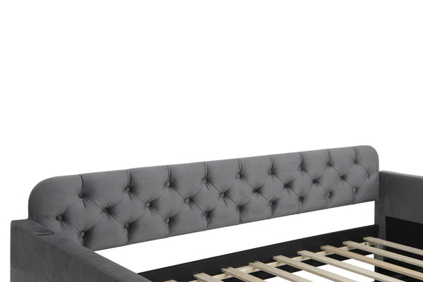 English Elm Twin Size Upholstered Daybed With Trundle & Usb Charging - Plush Velvet, Ideal For Living Room Use W1670S00017-GIGA