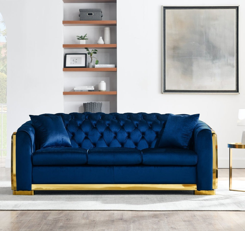 English Elm 81" Tufted Velvet Chesterfield Sofa with Gold Steel Legs for Elegant Living Rooms W1191S00061
