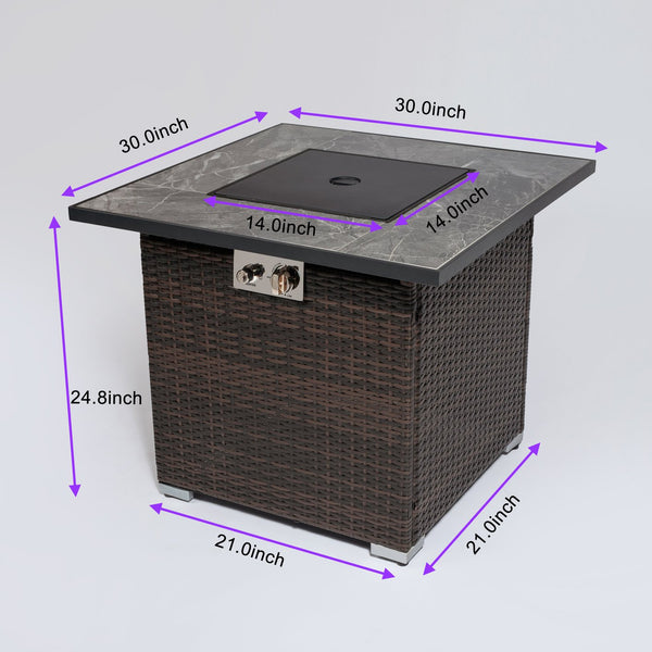 English Elm 30" 30" Propane Fire Pit Table 50000BTU Marble Tile Top Rattan Base with Glass Rocks & Cover W85343034