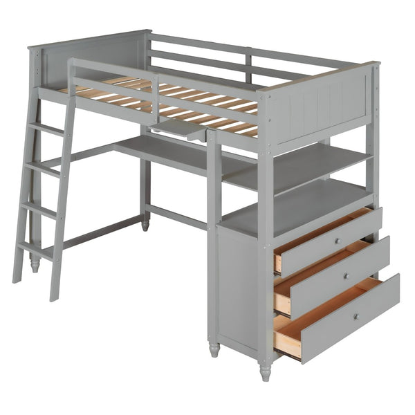 English Elm Twin Pine Wood Loft Bed with Built-in Desk Drawers and Shelf for Kids Rooms LT001530AAE-1