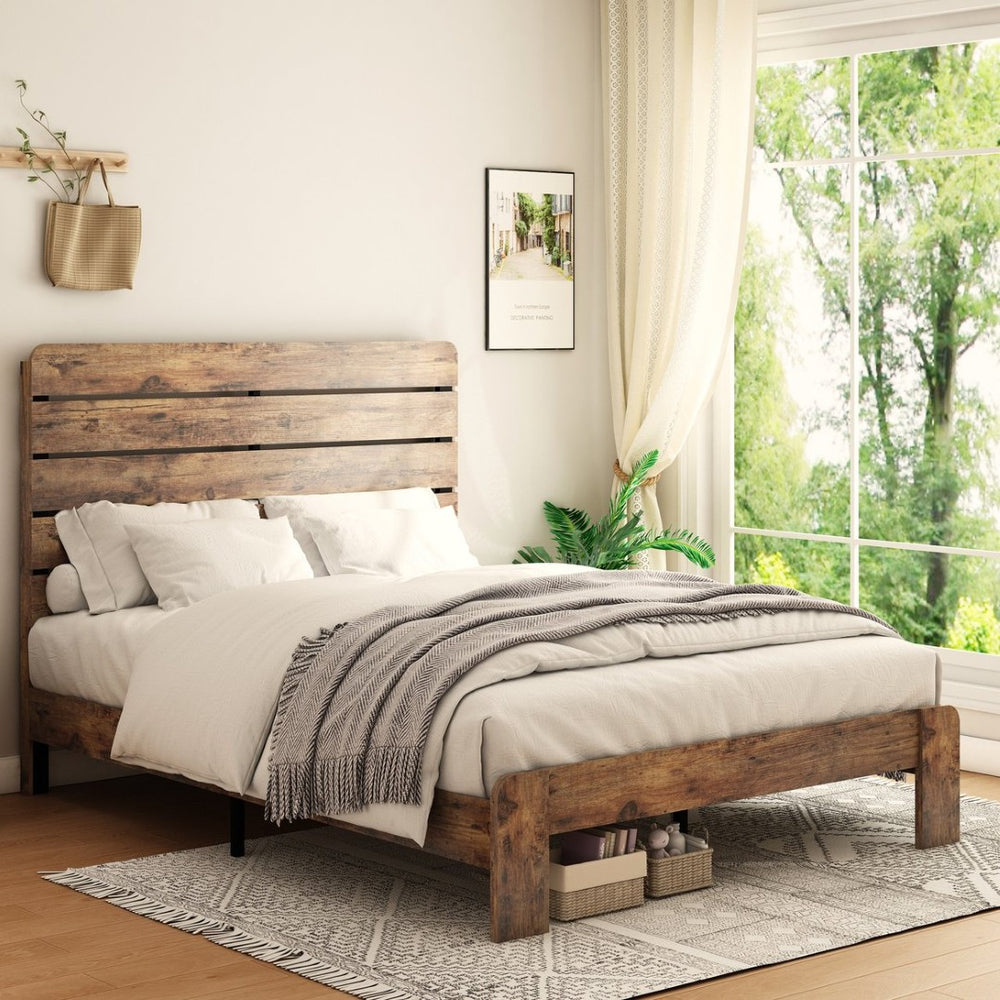 English Elm Bed Frame Full Size Wood Platform with Mdf Headboard Metal Base Under Storage W636P351764