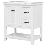 English Elm 30" Bathroom Vanity With Ceramic Sink Top, Vanity Cabinet With Multi-Functional Drawer, Solid Wood Legs, White