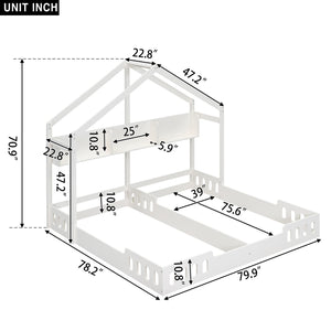 English Elm Wood Twin House Platform Beds with Twin Side-by-Side Design, Guardrails & Built-In Shelves, Creamy White WF310564AAA