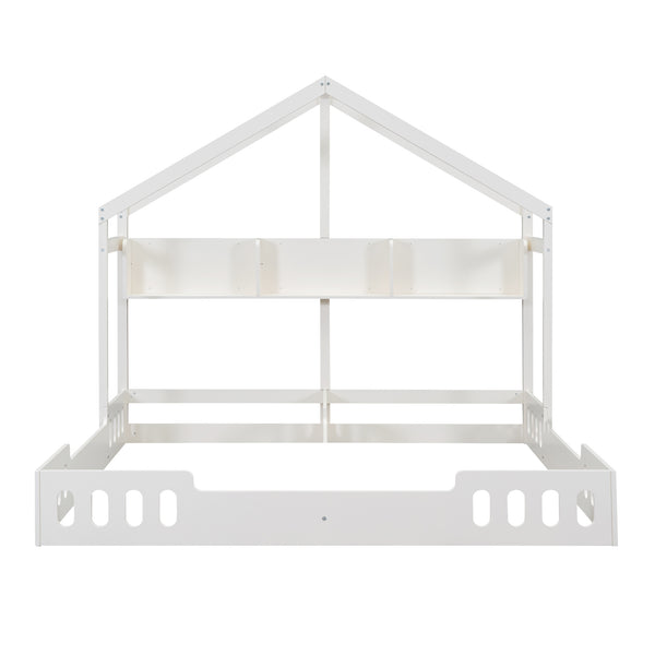 English Elm Wood Twin House Platform Beds with Twin Side-by-Side Design, Guardrails & Built-In Shelves, Creamy White WF310564AAA