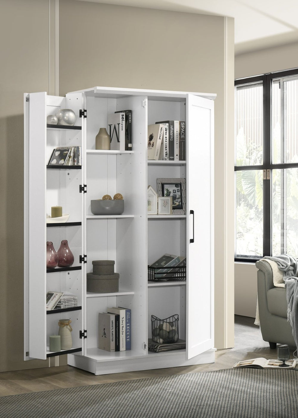 English Elm Lincoln Tall White Storage Cabinet with Swing Out Door and Adjustable Interior Shelves B061133843