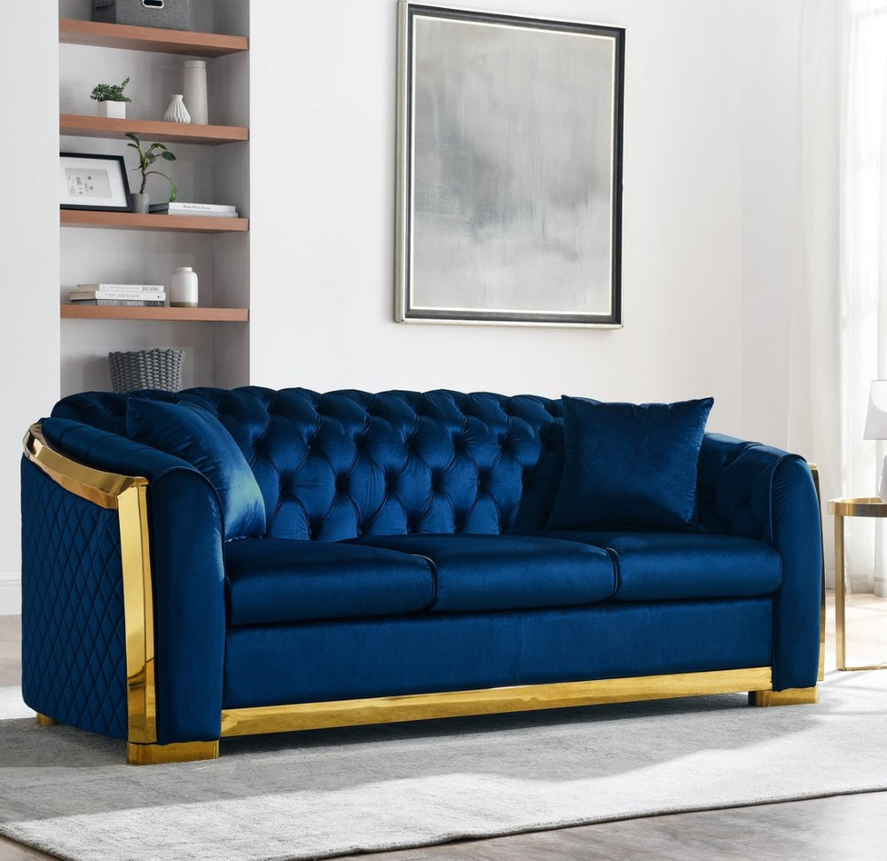 English Elm 81" Tufted Velvet Chesterfield Sofa with Gold Steel Legs for Elegant Living Rooms W1191S00061