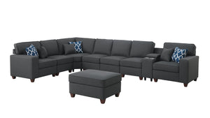English Elm Hannah Dark Gray Linen Sectional Sofa with Ottoman, USB Cupholder Console, Removable Cushions, Modular Rearrangeable B102S00036