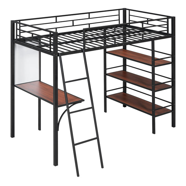 English Elm Twin Loft Metal Bed with Built-In Desk, 3 Open Shelves & Whiteboard, Sturdy Slatted Guardrails, Space-Saving Design Black SF000022AAB