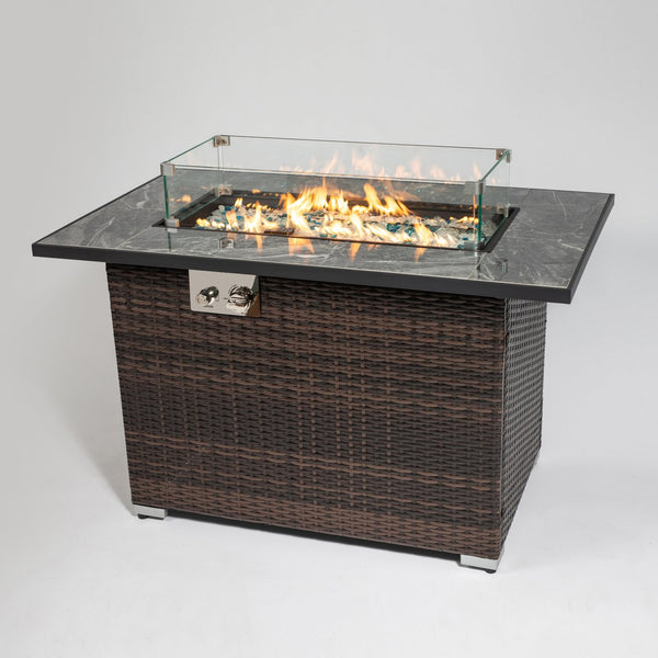 English Elm 44" 44" Propane Fire Pit Table 50000 BTU Rectangular Ceramic Tile Top Wicker Base Glass Rocks Windshield W85343036