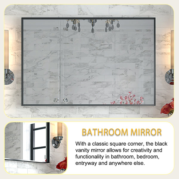 English Elm 36x24inch Black Rectangle Bathroom Mirror with Beveled Edge, Ruler Mount, Rustproof Aluminum Frame W2091127006