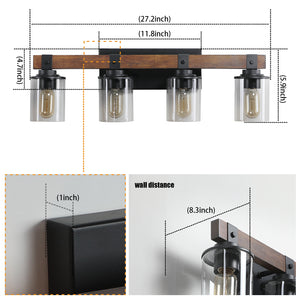 English Elm (Same) 27" Rustic 4-Light Vanity Light - Industrial Bathroom Sconce With Wood Accents & Glass Shades W1340P206656