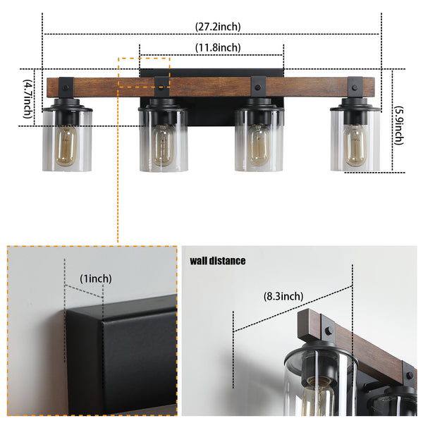 English Elm (Same) 27" Rustic 4-Light Vanity Light - Industrial Bathroom Sconce With Wood Accents & Glass Shades W1340P206656