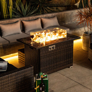 English Elm 44" 44" Propane Fire Pit Table 50000 BTU Rectangular Ceramic Tile Top Wicker Base Glass Rocks Windshield W85343036
