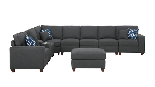 English Elm Hannah Dark Gray Linen Sectional Sofa with Ottoman, USB Cupholder Console, Removable Cushions, Modular Rearrangeable B102S00036