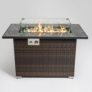 English Elm 44" 44" Propane Fire Pit Table 50000 BTU Rectangular Ceramic Tile Top Wicker Base Glass Rocks Windshield W85343036