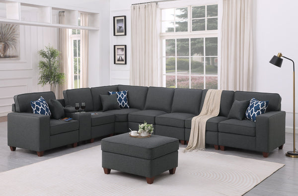 English Elm Hannah Dark Gray Linen Sectional Sofa with Ottoman, USB Cupholder Console, Removable Cushions, Modular Rearrangeable B102S00036