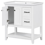 English Elm 30" Bathroom Vanity With Ceramic Sink Top, Vanity Cabinet With Multi-Functional Drawer, Solid Wood Legs, White