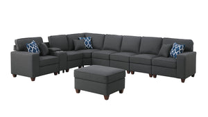 English Elm Hannah Dark Gray Linen Sectional Sofa with Ottoman, USB Cupholder Console, Removable Cushions, Modular Rearrangeable B102S00036