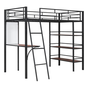 English Elm Twin Loft Metal Bed with Built-In Desk, 3 Open Shelves & Whiteboard, Sturdy Slatted Guardrails, Space-Saving Design Black SF000022AAB