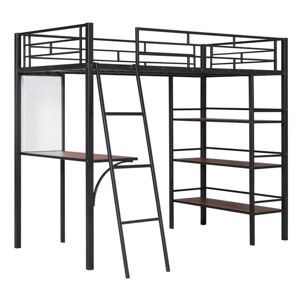 English Elm Twin Loft Metal Bed with Built-In Desk, 3 Open Shelves & Whiteboard, Sturdy Slatted Guardrails, Space-Saving Design Black SF000022AAB
