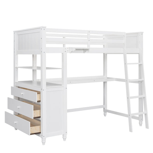 English Elm Twin Pine Wood Loft Bed with Built-in Desk Drawers and Shelf for Kids Rooms LT001530AAK-1