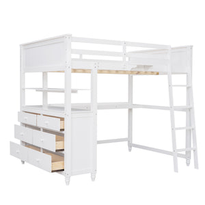 Hearth and Haven Young Full Size Loft Bed with Desk, Cabinet and Shelves, White LT011529AAK