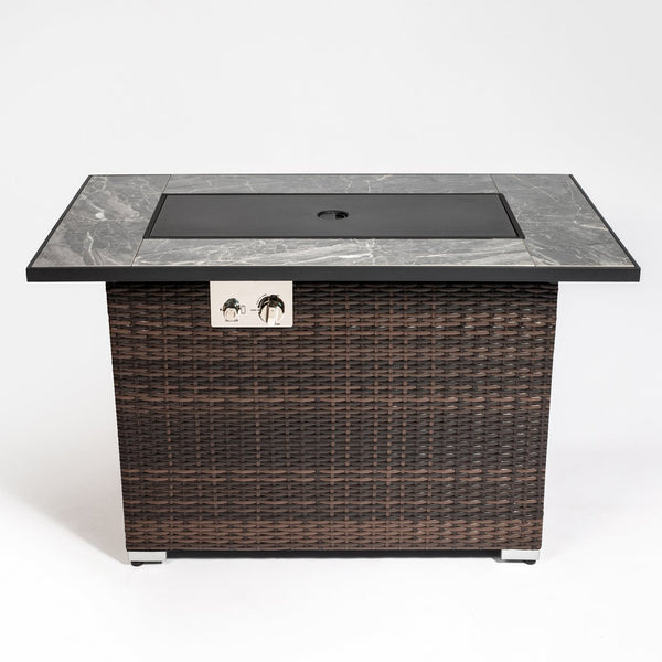 English Elm 44" 44" Propane Fire Pit Table 50000 BTU Rectangular Ceramic Tile Top Wicker Base Glass Rocks Windshield W85343036