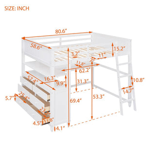 English Elm Full Size Pine Wood Loft Bed with Built-in Desk Shelves and Drawer Storage LT011529AAK
