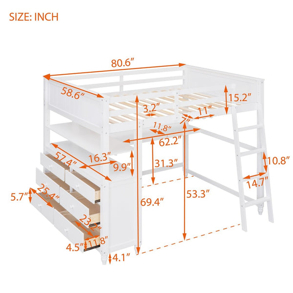 English Elm Full Size Pine Wood Loft Bed with Built-in Desk Shelves and Drawer Storage LT011529AAK