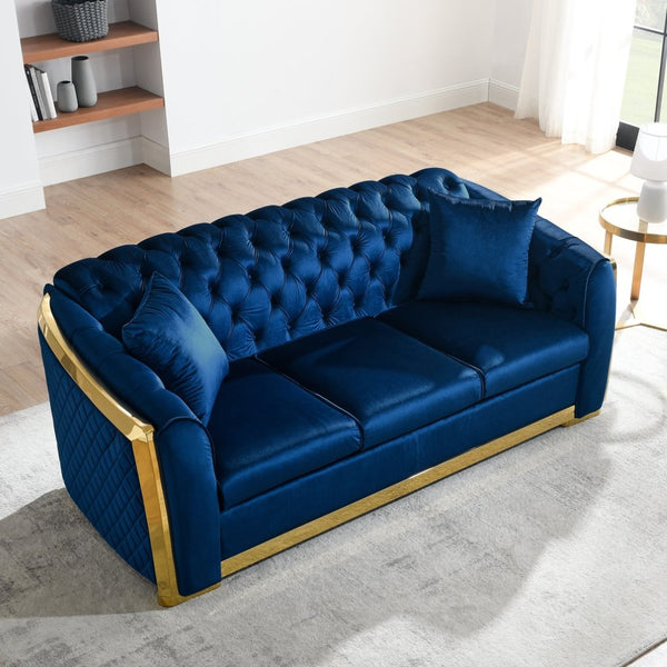 English Elm 81" Tufted Velvet Chesterfield Sofa with Gold Steel Legs for Elegant Living Rooms W1191S00061