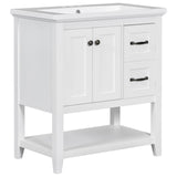 English Elm 30" Bathroom Vanity With Ceramic Sink Top, Vanity Cabinet With Multi-Functional Drawer, Solid Wood Legs, White