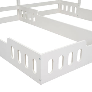 English Elm Wood Twin House Platform Beds with Twin Side-by-Side Design, Guardrails & Built-In Shelves, Creamy White WF310564AAA