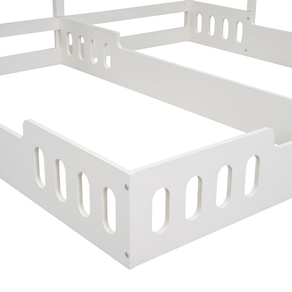 English Elm Wood Twin House Platform Beds with Twin Side-by-Side Design, Guardrails & Built-In Shelves, Creamy White WF310564AAA