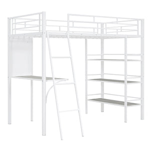 English Elm Twin Loft Metal Bed with Desk, 3-Tier Shelves & Whiteboard — Space-Saving Twin Bunk Study Station MF308682AAK